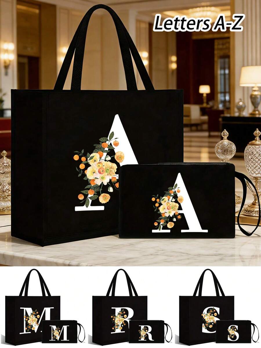 A-Z 花卉字母黑色帆布手提袋和化妆包套装,字母印花可重复使用购物袋搭配同款化妆包,适合携带日常必需品、杂货、化妆品和办公用品,是伴娘、学生、上班族和送礼佳品的理想之选,也适合日常出行、购物、婚礼和通勤等场合。 - 彩色 - 查看 1