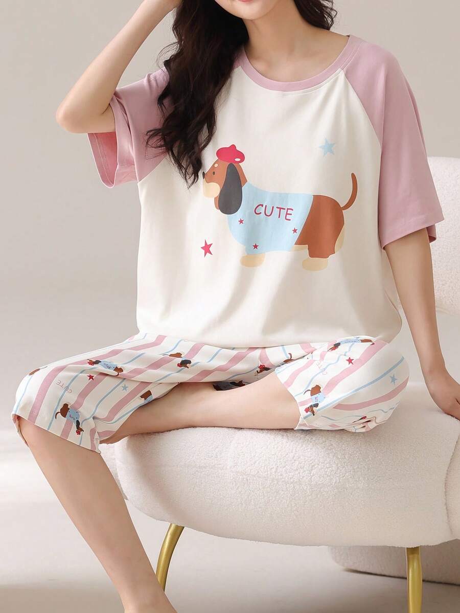 AICJ 2pcs/Set Women & Girls Casual Cute Cartoon Sausage Dog & Letter Print Pink Top, 3/4 Pants/Shorts, Spring/Summer Pajamas & Loungewear Set - Multicolor - View 1
