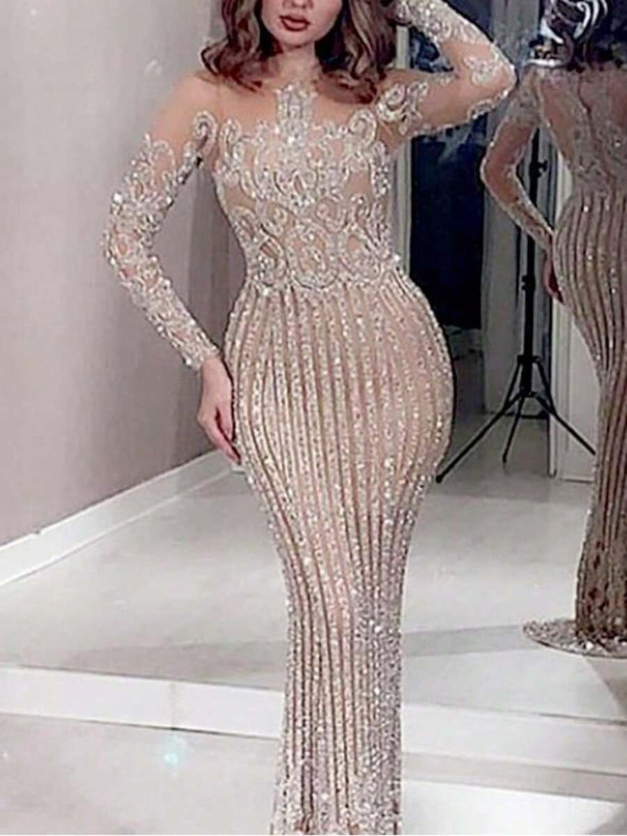 Vestidos Elegantes De Mujer Vestidos Dresses For Women Formal Prom Dresses For Women Dresses For Women Wedding Guest Dresses For Women Dresses For Women Elegant Prom Dresses Formal Dresses For Women Formal Gowns For Women Evening Elegant This Mid-Waist Long Dress Exudes A Refined Commuting Style With Sequined Gold And A Slimming Golden Appearance - 米色 - 查看 1