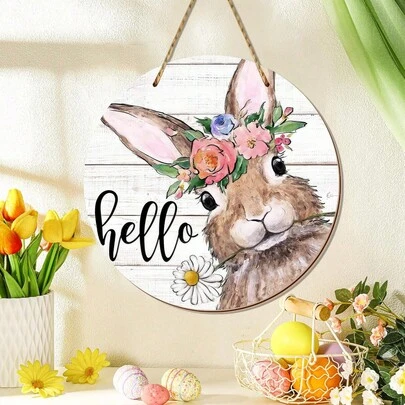 1pc Easter Decorations Hello Summer Easter Bunny Rabbit Sign For Front Door Decor, Daisy Flowers Wood Door Hanger For Outdoor Outside Porch, Spring Rustic Farmhouse Wooden Wreath Indoor Wall Hanging Decoration