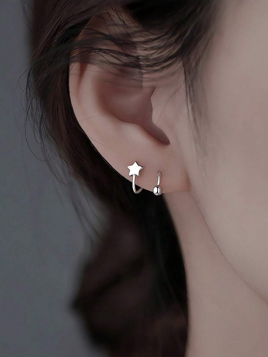 1对弹簧螺丝扭纹耳环，优雅心形星形耳夹耳环 - 銀色五角星 - 查看 1