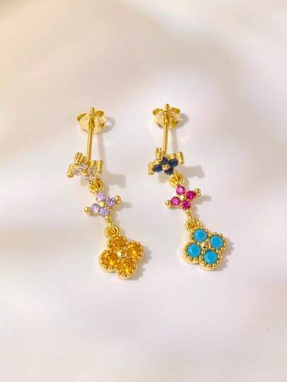 1对S925纯银彩色钻石四叶草耳钉，时尚浪漫女士耳环，女士珠宝礼物，生日礼物，情人节礼物