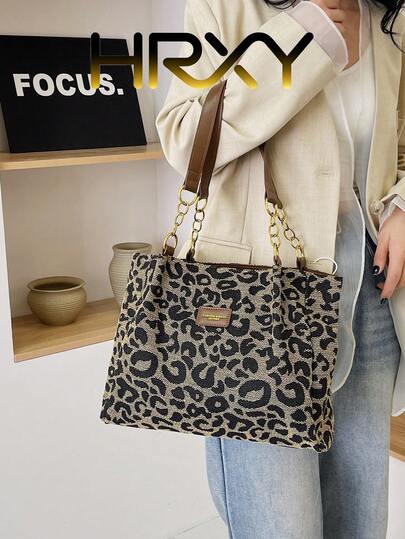 1 件新款时尚女士手提包，简约休闲单肩/腋下手提包，大容量，适合工作通勤，豹纹、千鸟格、格子图案可选，适合休闲、购物、工作等多种场合。