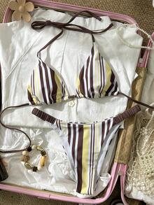 女士比基尼吊带露脐上衣，Y2K复古条纹印花黄色，休闲度假裤，内置胸罩露脐吊带泳衣，适合度假、海滩、花园婚礼宾客，优雅套装，适合女士派对度假，都市海滩波西米亚风，2026春夏海滩装扮 - 彩色 - 查看 5