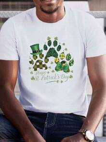 Plus Size Men's St. Patrick's Day T-Shirt - Casual Crew Neck, Paw And Clover Print, Short Sleeve, Breathable Polyester - Perfect For Summer, Plus Size - 白色 - 查看 1