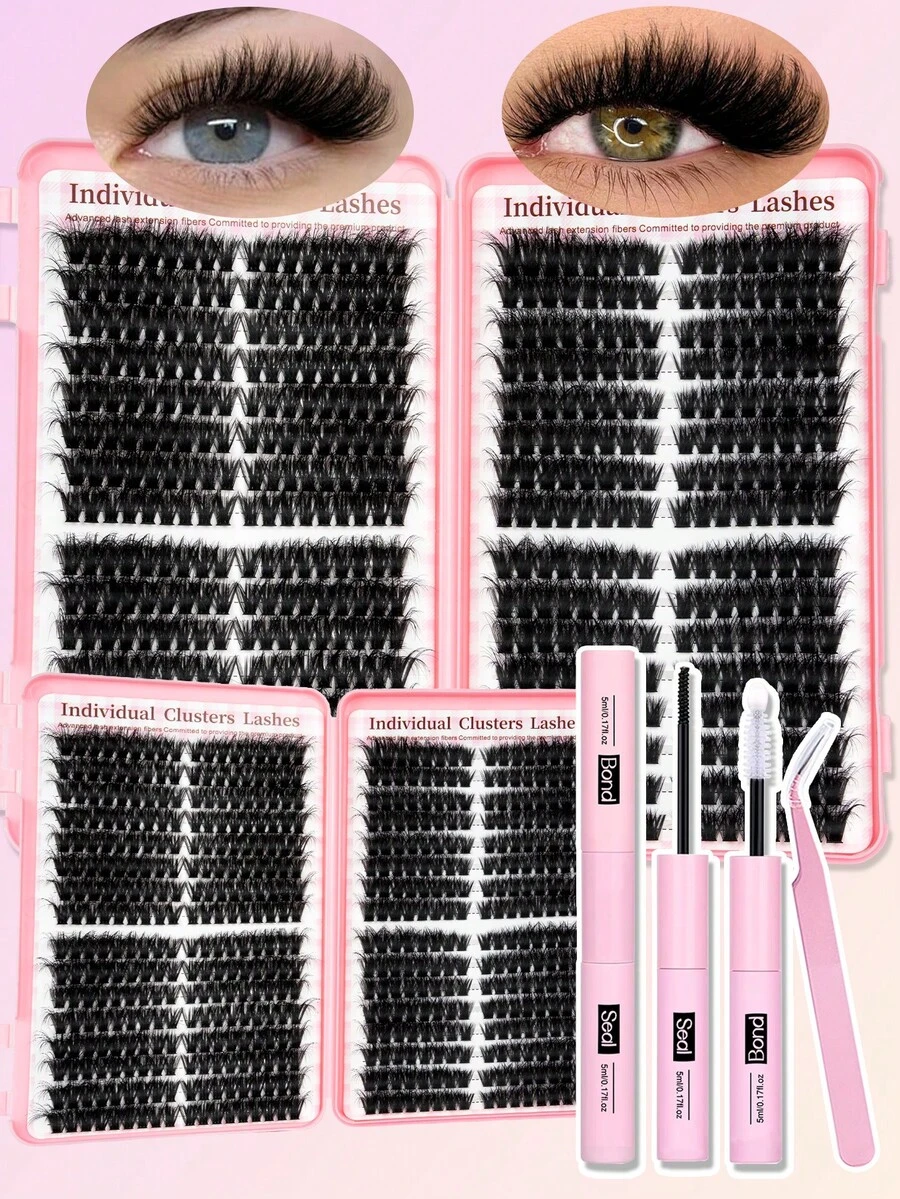 576件套睫毛嫁接套装，DIY睫毛工具套装，80D/100D簇状睫毛嫁接套装，个人D型卷翘睫毛嫁接套装，含睫毛胶水和封层剂，个人睫毛镊子 - 黑色 - 查看 1