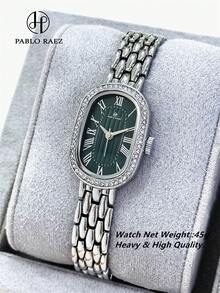 1 chiếc đồng hồ nữ Pablo Raez màu bạc-xanh lá cây, đồng hồ đeo tay nữ đính kim cương quyến rũ, đồng hồ thạch anh hình oval sang trọng bằng thép không gỉ đính kim cương, dây đeo kim loại bằng thép, đồng hồ nhỏ thanh lịch kiểu retro dành cho nữ dự tiệc, mặt số La Mã, đồng hồ thạch anh. - Một cỡ - Xem 3