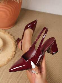 新款时尚女士尖头高跟凉鞋，踝带设计，粗跟，酒红色简约休闲舒适鞋，春夏款 - 酒紅色 - 查看 1
