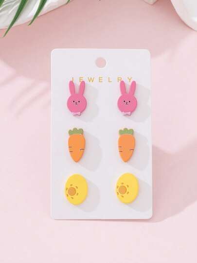 3对/套 可爱复活节兔子、彩蛋、胡萝卜仿陶瓷设计时尚耳环套装，节日派对完美装饰
