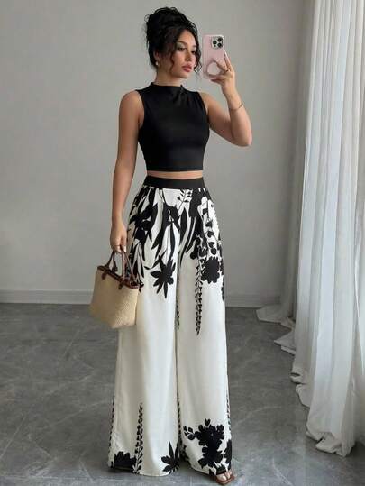 Nuevo conjunto casual de top y pantalones de color contrastante, pantalones anchos de cintura alta elegantes y sueltos, ropa de mujer de ajuste ceñido para primavera, verano y otoño