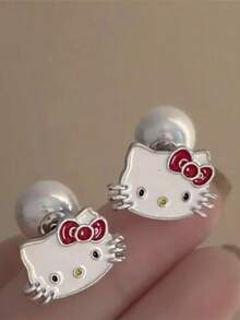 SANRIO 1对三丽鸥可爱卡通趣味Hello Kitty耳环，白色猫咪耳钉，百搭时尚，适合度假和日常佩戴，女孩款 - 白色 - 查看 6