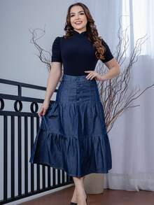 Midi Denim Skirt - Christian Fashion - 深色水洗藍 - 查看 7