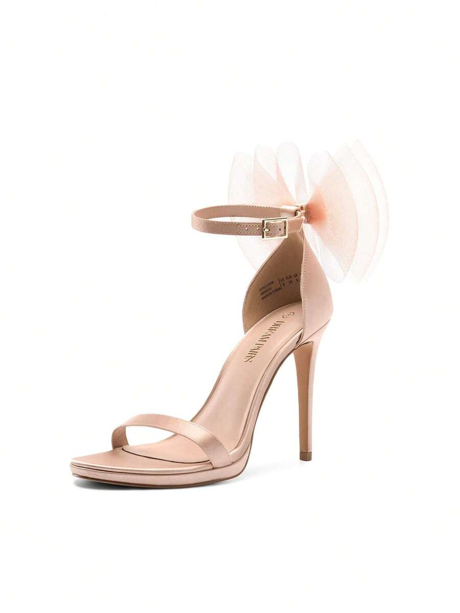 Women High Stiletto Heeled Sandals Open Toe Adjustable Bow Strap Pump Heeled Sandals Wedding Bridal Party Prom Dress Shoes - Màu be - Xem 1