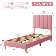 Cama individual con plataforma tapizada en bouclé y cabecera ondulada para niñas/niños. Fácil montaje, soporte de listones de madera, no necesita somier. Rosa claro. - Rosa - Ver 5