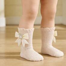 Baby Girl Socks With Bows Soft Pearl Bunny Infant Princess Dress Socks Toddler Ruffle Socks - Beige - View 3