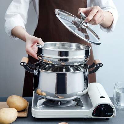 23cm Stainless Steel Double Boiler Pot Set With Lid & Steamer - 2-In-1 Soup Pot And Steamer For All Stovetops (Induction, Gas, Electric) Wooden Handle, Multipurpose Kitchen Pot For Boiling, Steaming, Blanching, And Serving