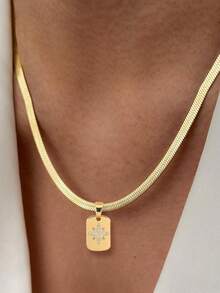 1pc Girl's Pendant Necklace, Minimalist Layered Style, Stainless Steel Flat Chain With Cubic Zirconia Rectangular Star Pendant, Versatile Daily Wear, Gift Accessory - Yellow Gold - View 7