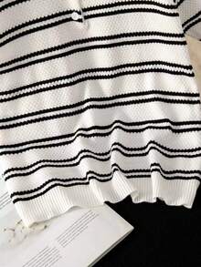 Women's Summer Polo Shirt Short Sleeve Knit Striped Top - White - View 5