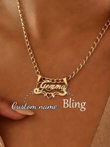 Customized Sparkling Frosted Double-Layered Name Necklace, Personalized Minimalist Style Romantic Couple Stacking Necklace With Round Snake Chain Pendant, Suitable For Everyday Wear. Available In Gold, It's Fashionable, Multi-Colored, Vintage, Simple, Unisex, Casual, Cute, Customizable, Personalized, And Unique. - 5NK Chain Brushed Finish - Single Layer Double Buckle - View 4