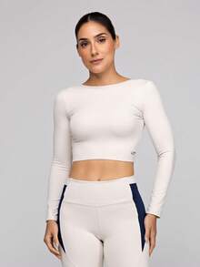LOT FITNESS Women's Sand-Colored Polyamide Long-Sleeved Fitness Top For Gym With Open Back - 沙 - 查看 14