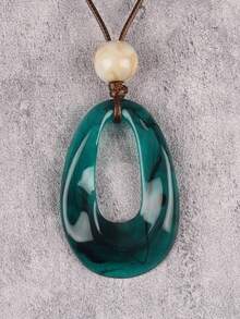 1件波西米亚风长项链，时尚百搭深绿色树脂圆盘串珠吊坠项链，情侣礼物，音乐节送给男友/女友的礼物 - 黑色臘繩 - 查看 3