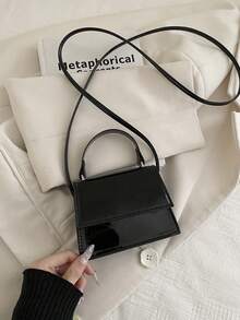 1pc Mini Fashionable Minimalist Textured Handbag Small Square Bag Lipstick Pouch, Versatile Cute Shoulder Bag - Black - View 10