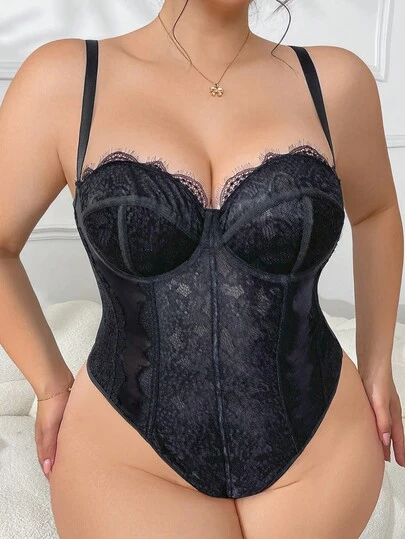 Sexy Plus Size Black Lace Bodysuit - Sheer Mesh Slim Fit Party Bodysuit