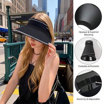 新款女士骑行防晒帽，防紫外线，可折叠，加宽帽檐，遮挡面部，无帽顶防晒帽，草编帽，大帽檐，夏季防紫外线，遮挡面部，无帽顶，防紫外线，户外便携式防晒帽