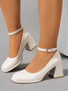 Women's High-Heeled Shoes, Round Toe, Chunky Heel, Single-Strap Buckle, Solid Color, Simple Style, Casual And Comfortable, Elegant And Unique, Suitable For Dates With Skirts, Attending Dances And Banquets, And Daily Commuting. - 白色 - 查看 3
