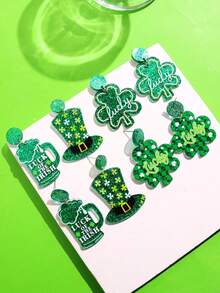 1对圣帕特里克节创意趣味独特精致可爱卡通亚克力三叶草啤酒耳环，女士日常佩戴，节日派对饰品 - 彩色 - 查看 2