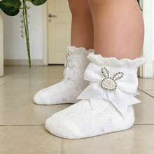 Baby Girl Socks With Bows Soft Pearl Bunny Infant Princess Dress Socks Toddler Ruffle Socks - White - View 3