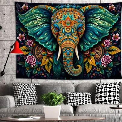 1件大象花卉图案布艺挂毯，彩色印花方形墙饰，垂坠效果，可用作房间旗帜、房间装饰、挂毯、墙饰、壁挂、房间用品、家居装饰
