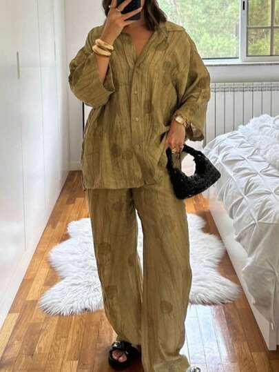 山茶花大码宽松女装套装，立领中袖提花扎染休闲刺绣衬衫，时尚优雅系列，提花裤，休闲裤，度假套装，春夏款