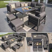 Halbmond-Shaped Gartensofa-Set For 8 Personen / Robustes Eisengestell Mit Grauen Polstern / Komplett Mit Glastisch, 1 Sessel & 2 Hockern / Wetterfeste Terrassenmöbel Für Balkon - 1 - View 1