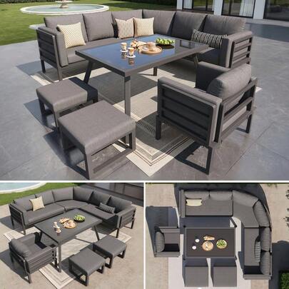 Halbmond-Shaped Gartensofa-Set For 8 Personen / Robustes Eisengestell Mit Grauen Polstern / Komplett Mit Glastisch, 1 Sessel & 2 Hockern / Wetterfeste Terrassenmöbel Für Balkon