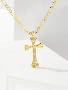 1pc European & American Classic Copper Inlaid Zirconia Bone Shaped Jesus Cross Pendant Necklace, Limited Edition "Light Of Protection", Suitable As Gift For Christmas, Thanksgiving, Halloween, Mother's Day, Valentine's Day, Friends, Believers, First Holy Communion, Daily Wear And Prayer - Yellow Gold - View 3