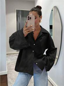 黑色长袖纽扣休闲优雅复古时尚衬衫女式上衣，春夏款，适合节日、情人节等场合穿着。 - 黑色 - 查看 8