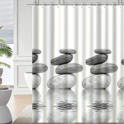 1pc Washable Art Theme Shower Curtain, Zen Stone Lotus Reflection Spa Bathroom Curtain, Waterproof Polyester Fabric, Washable, Seasonal Art Theme Bathroom Window Curtain, With Grommet Holes And Hanging Hooks