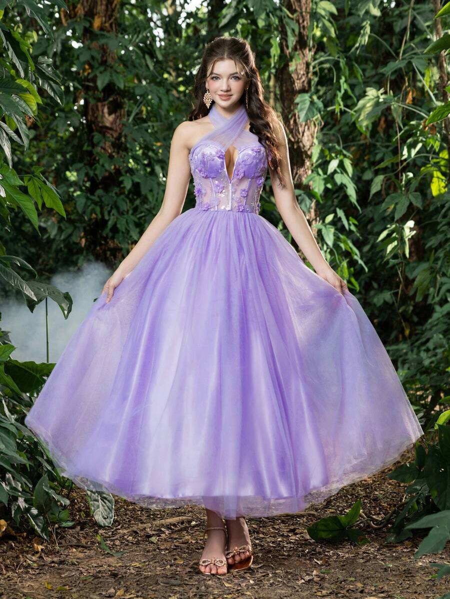 Elisanya 优雅浪漫的贴花细节，交叉露背吊带设计，飘逸的薄纱面料，这款舞会礼服完美适用于返校、晚宴、学校舞会和鸡尾酒会等场合。 - 紫丁香色 - 查看 1