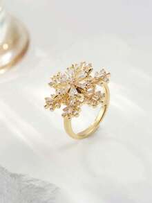 1 pieza Anillo de mujer con cúbico de zirconia giratorio con diseño de copo de nieve, anillo abierto delicado adecuado para uso diario - Anillo abierto - Ver 6