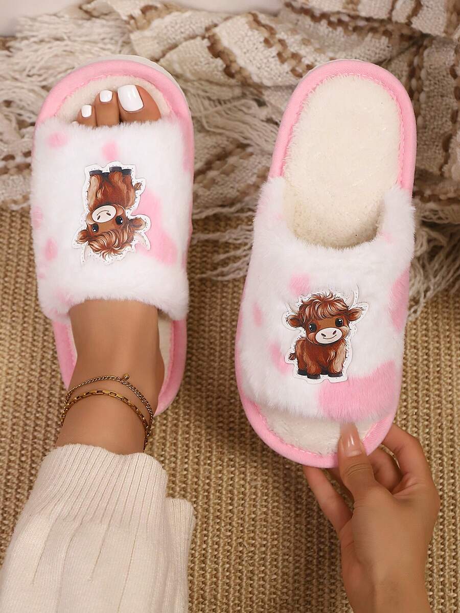 Pantufas femininas felpudas com tiras cruzadas e bico aberto, pantufas antiderrapantes para uso interno com design 3D moderno. - Rosa - Ver 1