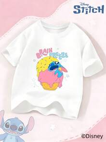 Disney Camiseta de manga corta infantil de  Stitch para niños y niñas, camiseta de algodón estampada RELAX de verano informal - Blanco - Ver 1