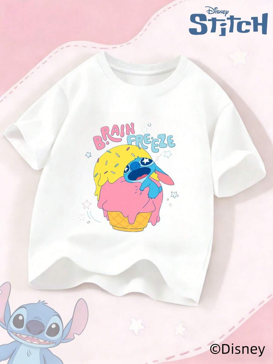 Disney Camiseta de manga corta infantil de  Stitch para niños y niñas, camiseta de algodón estampada RELAX de verano informal - Blanco - Ver 1