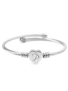 1pc Stainless Steel Heart-Shaped Bangle With 26 Alphabet Letters, Unisex Fashion Minimalist Style Bracelet, Suitable For Daily Wear, Parties, And Gifts - Silver - View 27