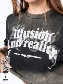 T-shirt à manches courtes en pur coton côtelé et color-block pour femme, orné d'un motif vieilli peint à la bombe à plusieurs positions et d'un imprimé de lettres ; nouveau vêtement de sport printemps/été de style preppy pour femme ; haut à manches courtes doux et respirant avec une finition drapée et brossée. - Noir - Voir 9