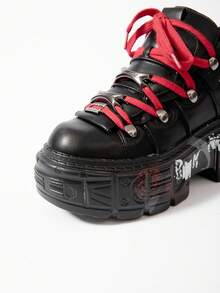 Thick Bottom Platform Outdoor Sport Shoes, Graffiti Punk Large Size Women Casual Sneakers, Metal Decoration All Match Retro Gothic Shoes, Mujer Tennis Trainers - 黑色 - 查看 8