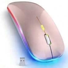 Ratón inalámbrico, ratón inalámbrico recargable 2.4G, ratón óptico con cambio de color de 7 colores, diseño ergonómico, superficie curva, compatible con Bluetooth, cómodo de sostener, ambidiestro, adecuado para juegos, trabajo de oficina y entretenimiento, fácil de transportar para computadoras portátiles y de escritorio. - Oro rosa - Ver 1