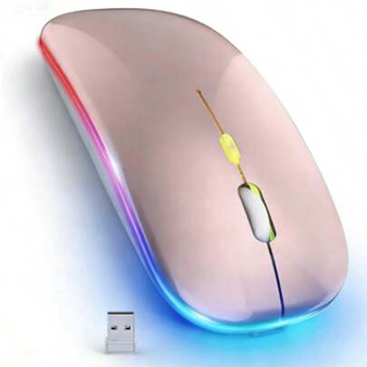 Ratón inalámbrico, ratón inalámbrico recargable 2.4G, ratón óptico con cambio de color de 7 colores, diseño ergonómico, superficie curva, compatible con Bluetooth, cómodo de sostener, ambidiestro, adecuado para juegos, trabajo de oficina y entretenimiento, fácil de transportar para computadoras portátiles y de escritorio.