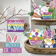 6件套复活节多层托盘装饰，可爱兔子农舍风托盘装饰，快乐复活节兔子胡萝卜彩蛋小矮人彩色木质标牌，乡村复活节春季家居餐桌架壁炉架派对节日装饰 - 彩色 - 查看 2