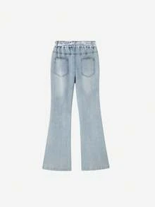 Annil Girls' Flared Jeans With Slits, New Spring Style, Sweet And Cool, With Lace Belt. - Medium Blue Jeans - View 2